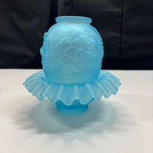 L.G. WRIGHT 3 Pc Embossed Roses Fairy Lamp Light Blue Satin Made By Fenton Vtg